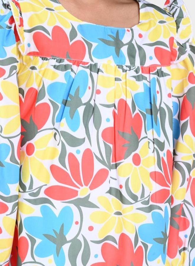 Bonkids Girl's White & Multicolour 100% Cotton Printed Regular Fit Dress - Image 2