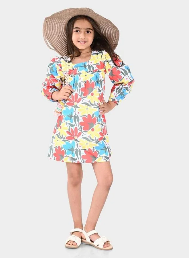 Bonkids Girl's White & Multicolour 100% Cotton Printed Regular Fit Dress