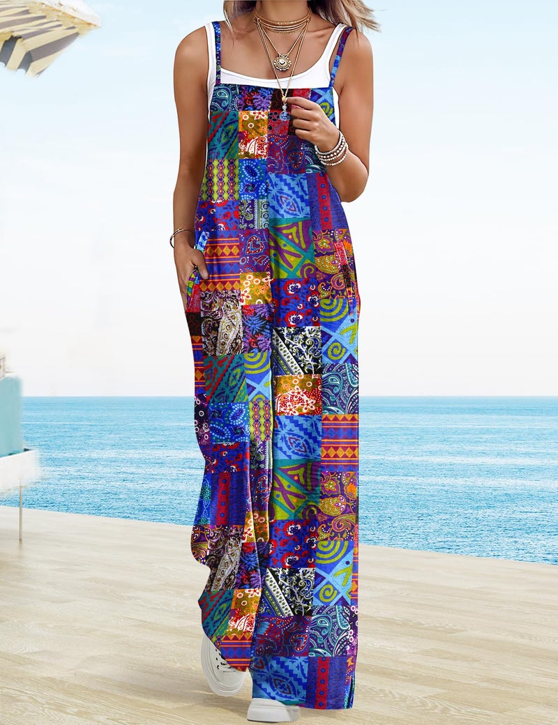 YESNO Women's Summer Boho Cotton Casual Jumpsuits Wide Leg Overalls Floral Print Baggy Rompers with Pockets XL PZZCR P002B - Image 2