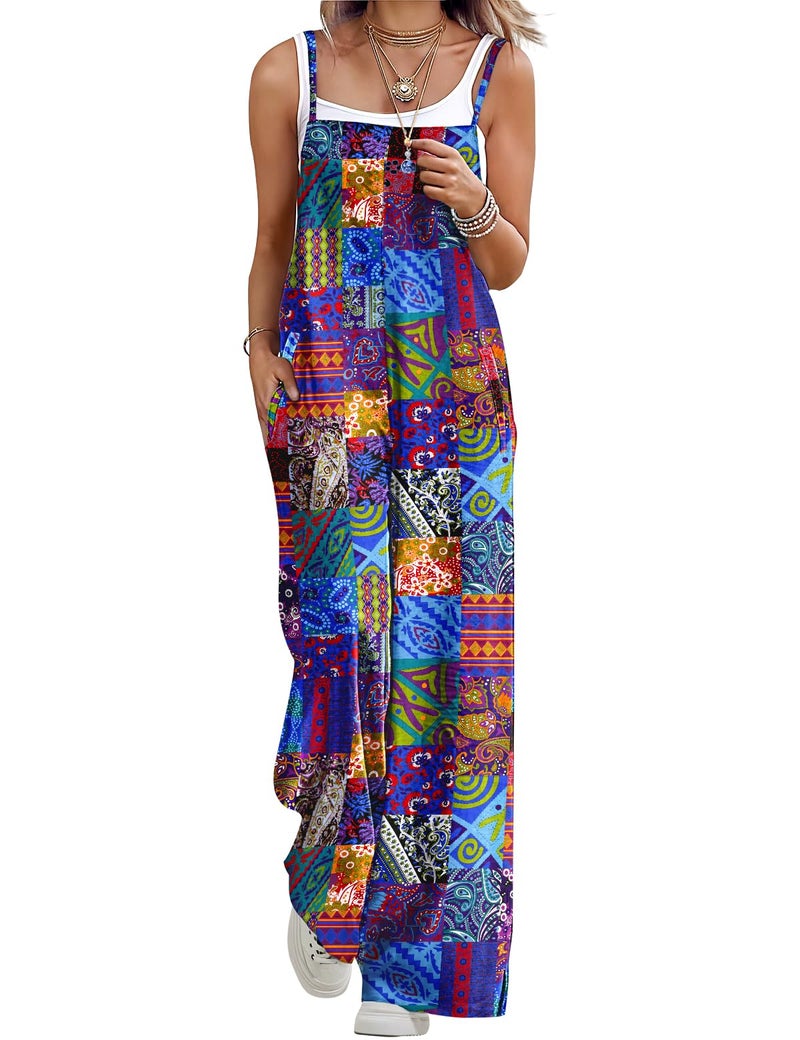 YESNO Women's Summer Boho Cotton Casual Jumpsuits Wide Leg Overalls Floral Print Baggy Rompers with Pockets XL PZZCR P002B - Image 1