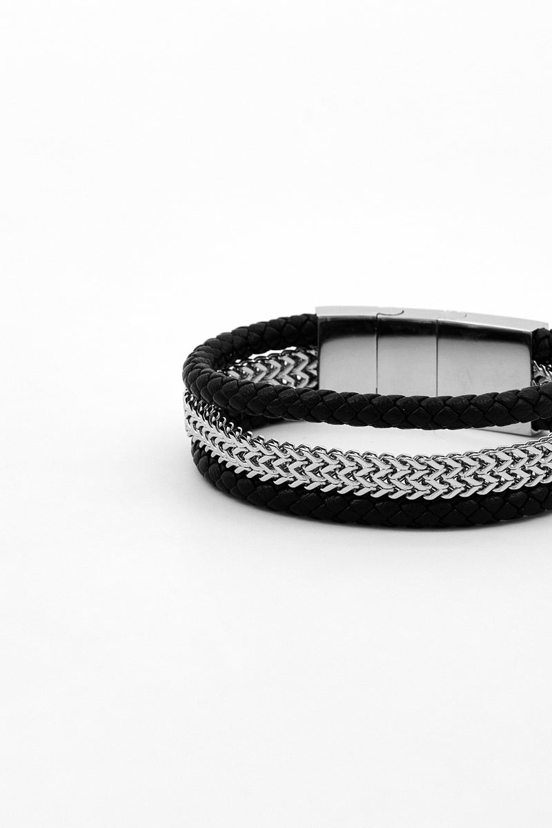 POLICE Men Fashionable Leather Bracelet, Black/Silver - Image 4
