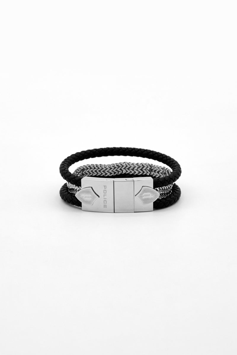 POLICE Men Fashionable Leather Bracelet, Black/Silver - Image 3