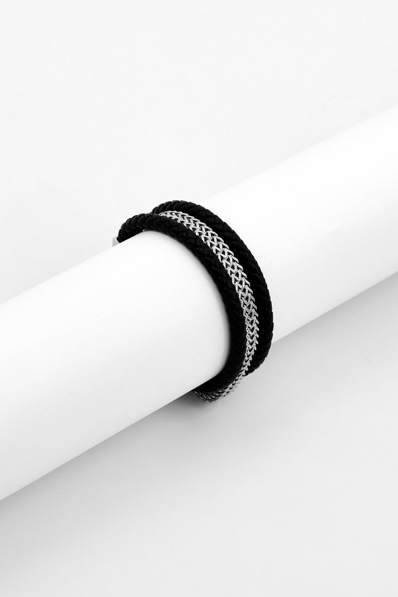 POLICE Men Fashionable Leather Bracelet, Black/Silver - Image 1