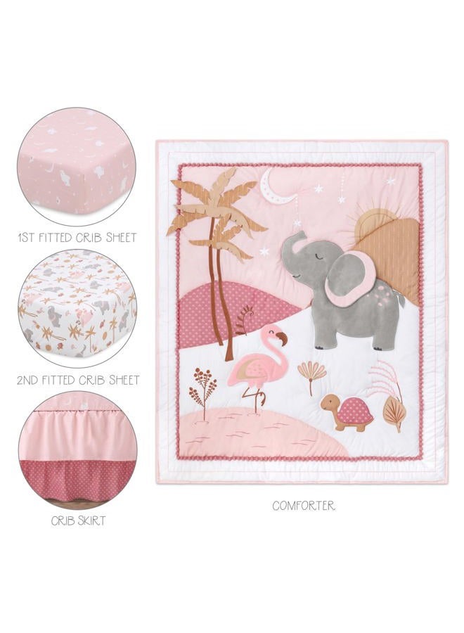 The Peanut Shell Safari Crib Bedding Set for Girls, 4pc Organic Cotton Crib Comforter Set, Jungle Elephant Nursery Decor, Pink, Grey, White, Tan - Image 2