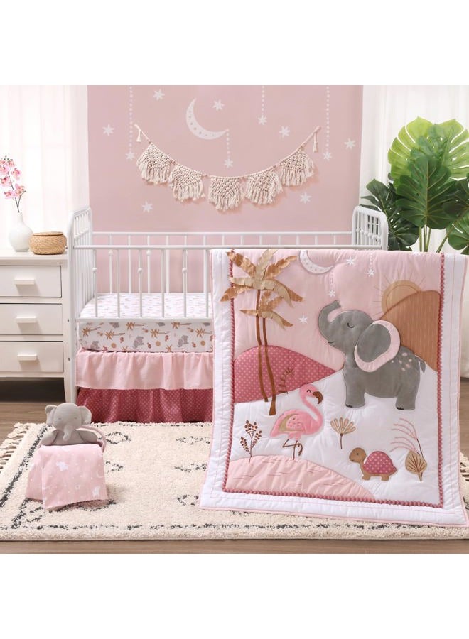 The Peanut Shell Safari Crib Bedding Set for Girls, 4pc Organic Cotton Crib Comforter Set, Jungle Elephant Nursery Decor, Pink, Grey, White, Tan - Image 1