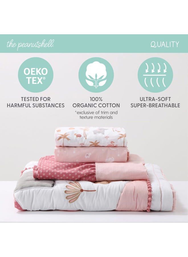 The Peanut Shell Safari Crib Bedding Set for Girls, 4pc Organic Cotton Crib Comforter Set, Jungle Elephant Nursery Decor, Pink, Grey, White, Tan - Image 3