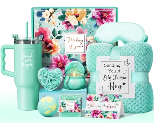 Qinline Birthday Gifts for Women Self Care Get Well Soon Gifts, Ocean Relaxing Spa Gifts Box Care Package Basket w/ Luxury Flannel Blanket 40 oz Tumbler, Christmas Gifts Set for Mom Her Wife Girlfriend Sister - Image 1