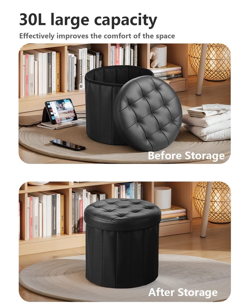 BsketaÂ® Folding Storage Ottoman Round 14" x 14" x 13"Inch, Foot Stool with Thicker Foam Padded Seat Small Leather Storage Ottoman Bench Foot Rest for Living Room Foldable Pouf Coffee Table,Black - Image 4