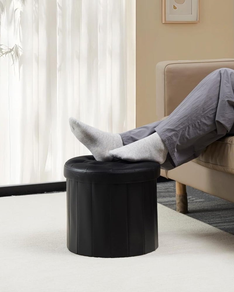 BsketaÂ® Folding Storage Ottoman Round 14" x 14" x 13"Inch, Foot Stool with Thicker Foam Padded Seat Small Leather Storage Ottoman Bench Foot Rest for Living Room Foldable Pouf Coffee Table,Black - Image 2