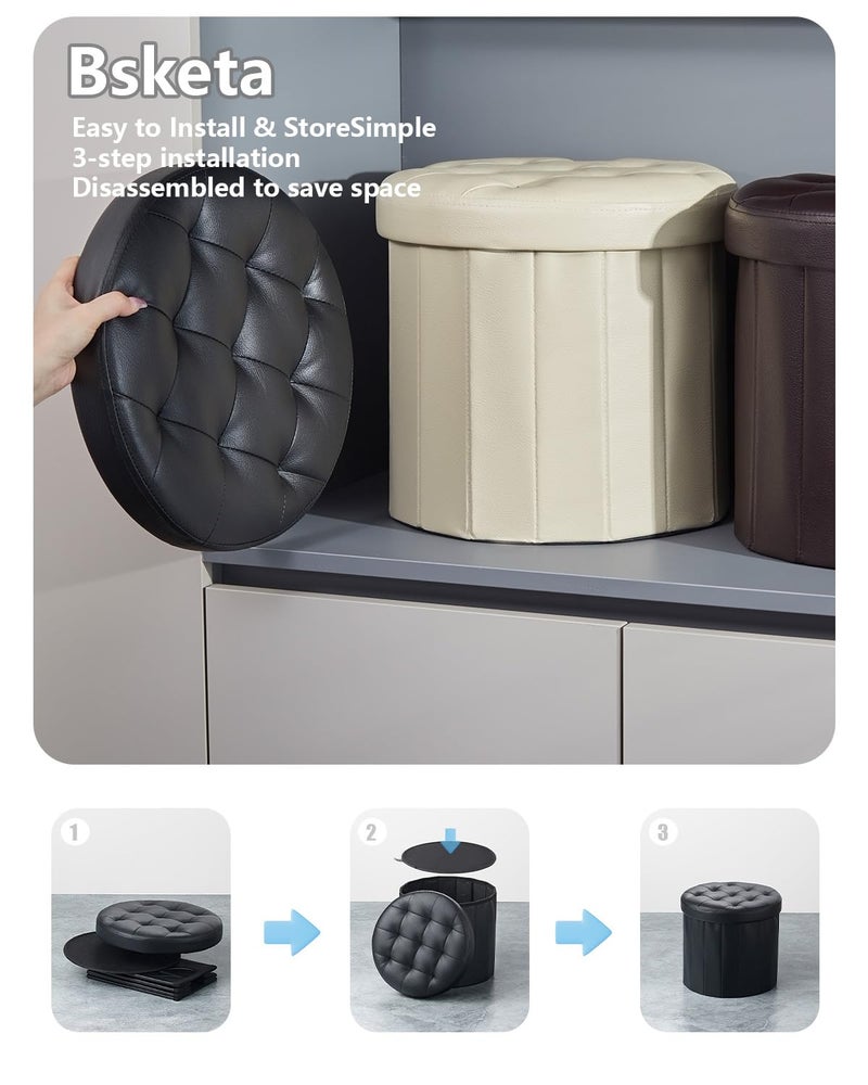 BsketaÂ® Folding Storage Ottoman Round 14" x 14" x 13"Inch, Foot Stool with Thicker Foam Padded Seat Small Leather Storage Ottoman Bench Foot Rest for Living Room Foldable Pouf Coffee Table,Black - Image 3