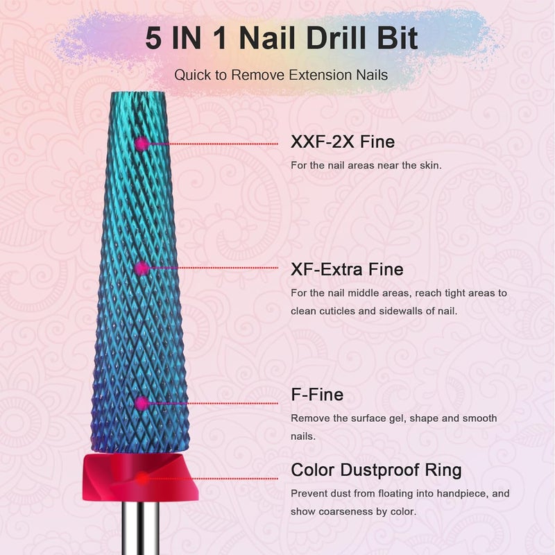 Depvko Super Long 5 in 1 Nail Drill Bits, 3/32'' Carbide Tungsten Bits, Two Way Rotate Professional Advanced Safety Bits for Nail, Fast Remove for Manicure Pedicure (Long 5in1-Blue, Fine-F) - Image 4