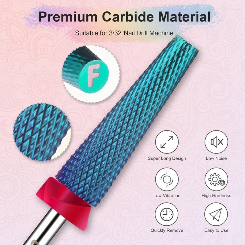 Depvko Super Long 5 in 1 Nail Drill Bits, 3/32'' Carbide Tungsten Bits, Two Way Rotate Professional Advanced Safety Bits for Nail, Fast Remove for Manicure Pedicure (Long 5in1-Blue, Fine-F) - Image 2