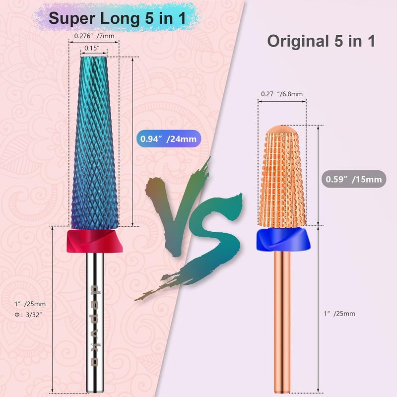 Depvko Super Long 5 in 1 Nail Drill Bits, 3/32'' Carbide Tungsten Bits, Two Way Rotate Professional Advanced Safety Bits for Nail, Fast Remove for Manicure Pedicure (Long 5in1-Blue, Fine-F) - Image 3