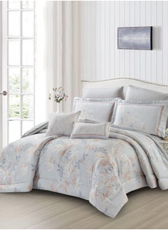 Donetella Cotton Comforter Set 8-Pcs King Size All Season Reversible Floral Printed Bed Fits(200 X 200 Cm) With 350 GSM Down ALternative Filling,Aluminium  - Image 1
