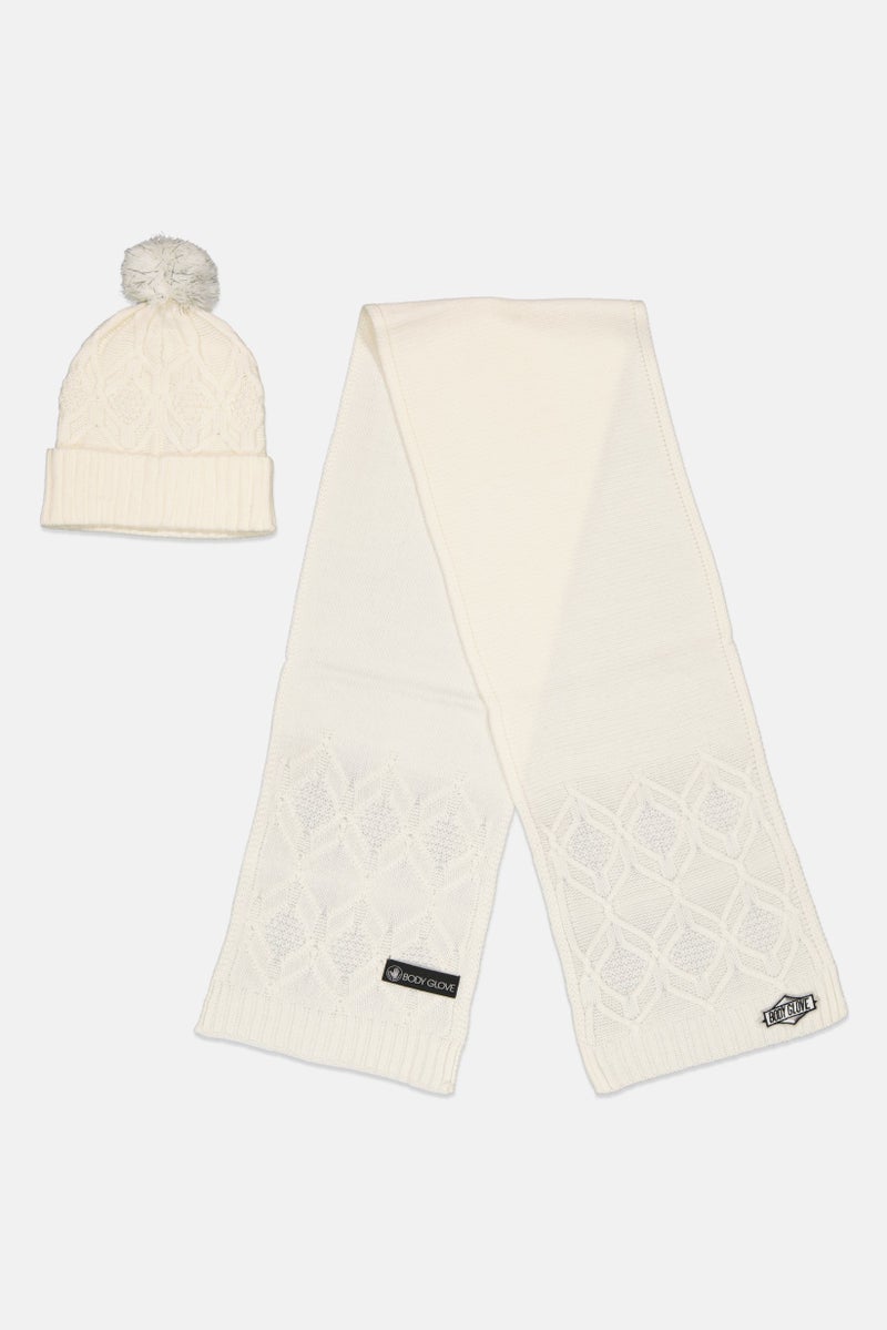 Body Glove Women Embroidered  Scarves With Beanie Set, Off White - Image 2