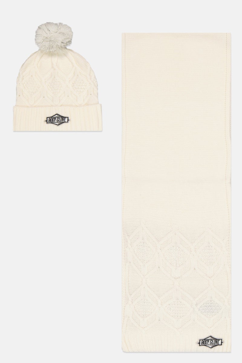 Body Glove Women Embroidered  Scarves With Beanie Set, Off White - Image 1