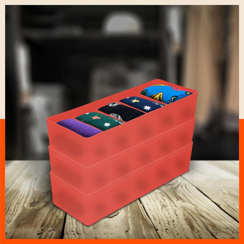 Bathla Bathla DORI Set of 3 Multipurpose Stackable Drawer Storage Organiser Organise Socks Innerwear Tie Handkerchief Jewellery Stationary Belt etc Melon 5 Grids Stomo - Image 1