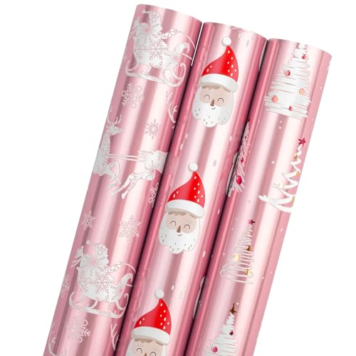 MAYPLUSS Pink Christmas Wrapping Paper 17In x 120In Per Roll Girly Festive Metallic Foil Trees Cute Santa Winter Sled Design Christmas Girls Pink Gift Wrap Paper for Winter Holiday Birthday - Image 1