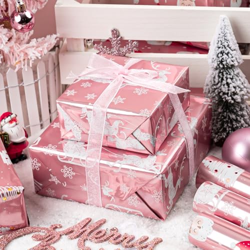 MAYPLUSS Pink Christmas Wrapping Paper 17In x 120In Per Roll Girly Festive Metallic Foil Trees Cute Santa Winter Sled Design Christmas Girls Pink Gift Wrap Paper for Winter Holiday Birthday - Image 3