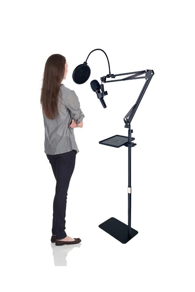 WALALLA Adjustable Height Microphone Stand with Weighted Base, Mic Floor Stand Boom Arm with Mic Accessory Tray, Microphone Clip Holder (Not Inclueded Mic) - Image 1