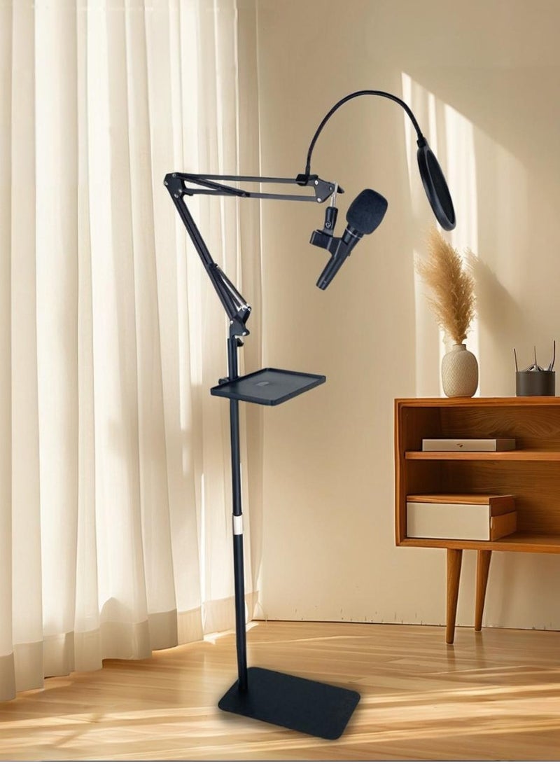 WALALLA Adjustable Height Microphone Stand with Weighted Base, Mic Floor Stand Boom Arm with Mic Accessory Tray, Microphone Clip Holder (Not Inclueded Mic) - Image 2