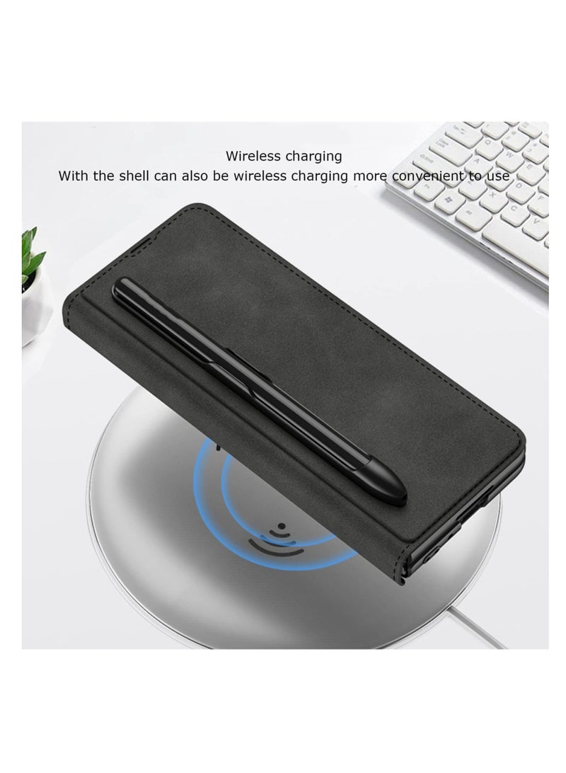 Aookay Compatible with Samsung Galaxy Z Fold 6 Wallet Case with Removable Pen Holder [Pen Not Included] and Card Holder, Built-in Screen Protector, Wireless Charging Leather Phone Stand Case (Black) - Image 4