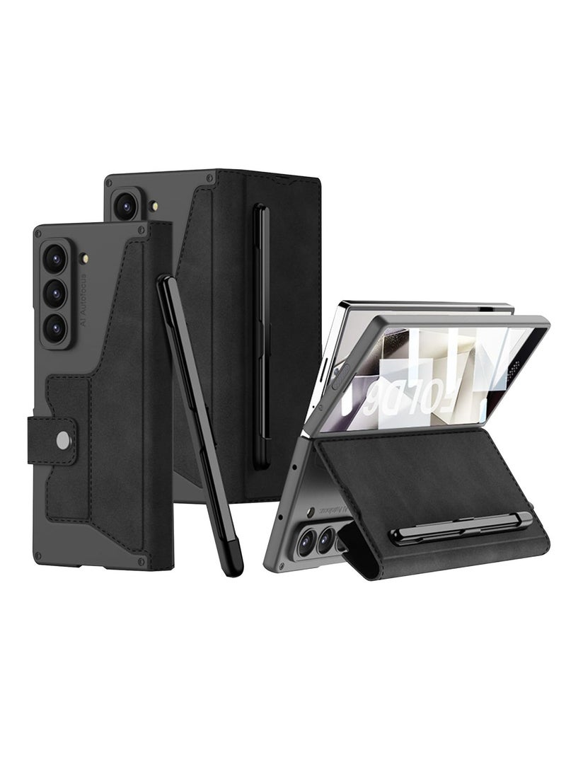 Aookay Compatible with Samsung Galaxy Z Fold 6 Wallet Case with Removable Pen Holder [Pen Not Included] and Card Holder, Built-in Screen Protector, Wireless Charging Leather Phone Stand Case (Black)  - Image 1