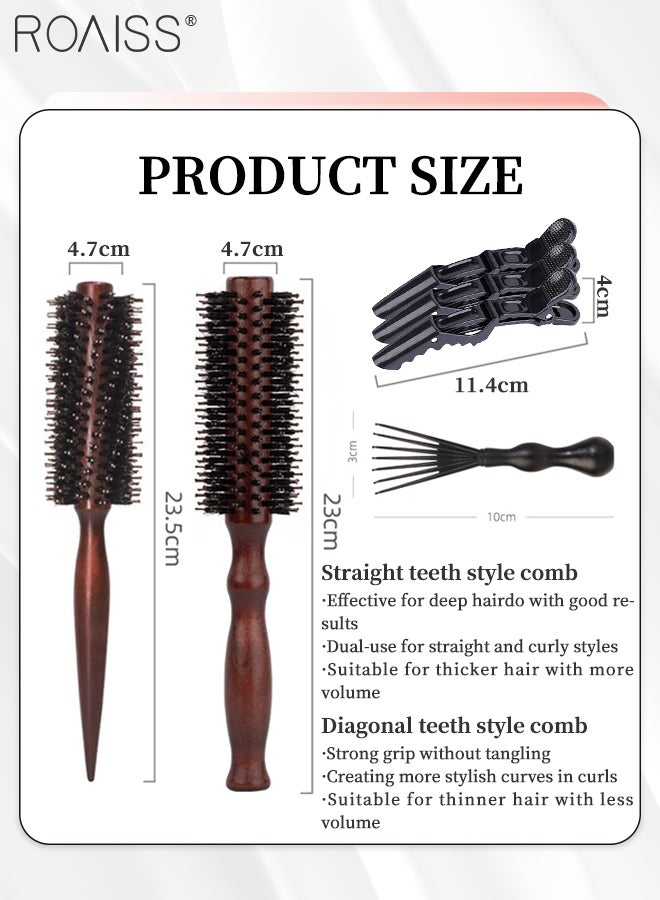 رويس مشط تصفيف الشعر ذو الذيل المدبب الاحترافي المضاد للكهرباء الساكنة من الخشب الصلب، فرشاة محمولة بشعيرات الخنزير للتجفيف بالنفخ، والتجعيد، والفرد، وزيادة الحجم بمشبك التمساح، ومشط التنظيف - Image 5