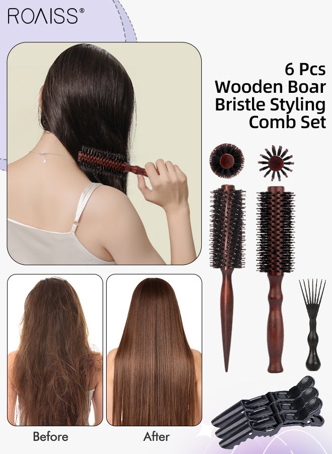 رويس مشط تصفيف الشعر ذو الذيل المدبب الاحترافي المضاد للكهرباء الساكنة من الخشب الصلب، فرشاة محمولة بشعيرات الخنزير للتجفيف بالنفخ، والتجعيد، والفرد، وزيادة الحجم بمشبك التمساح، ومشط التنظيف - Image 1