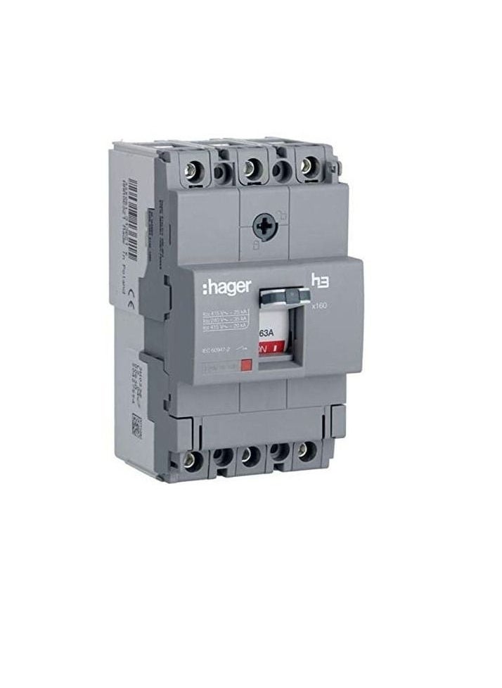 Hager Moulded Case Circuit Breaker 63A TP MCCB 25KA HHA063Z x160 H3  - Image 1