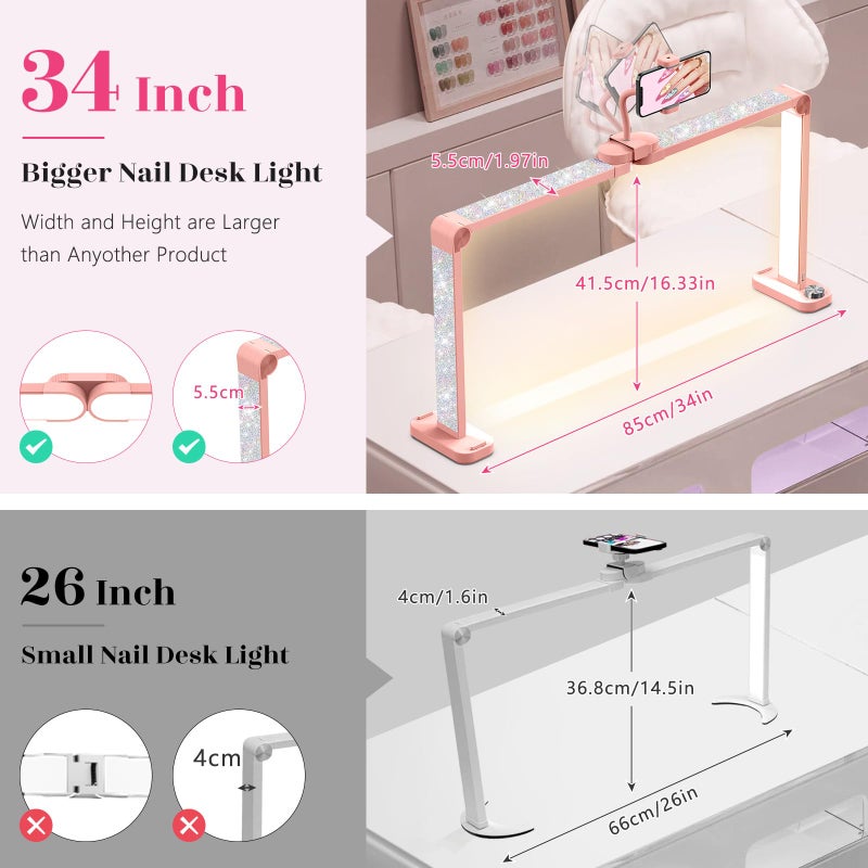 Yokilly 48W Half Moon Light: 34" Shadow-Free Half Moon Light for Desk Salon - Foldable LED Desk Lamp with Stepless Brightness 3000K-6500K for Manicurist Nail Tech (Pink Diamond, Large) - Image 5