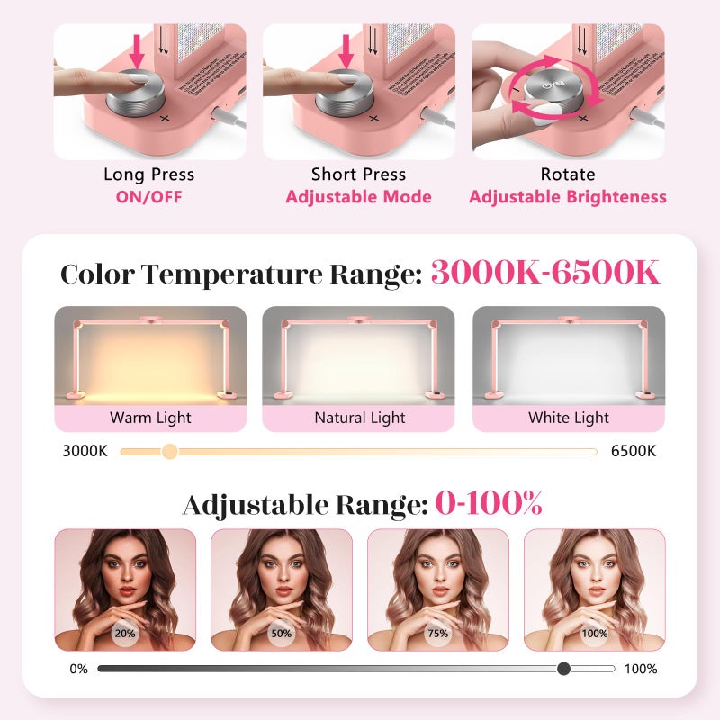 Yokilly 48W Half Moon Light: 34" Shadow-Free Half Moon Light for Desk Salon - Foldable LED Desk Lamp with Stepless Brightness 3000K-6500K for Manicurist Nail Tech (Pink Diamond, Large) - Image 3