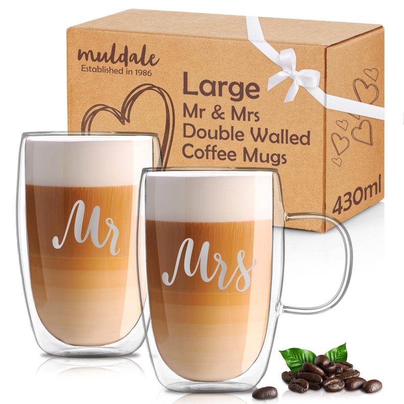 Muldale Mr and Mrs Mugs  Coffee Cup Set  Insulated Borosilicate Glass  430ml His and Hers Large Latte Glasses  Wedding Gifts for Married Couples