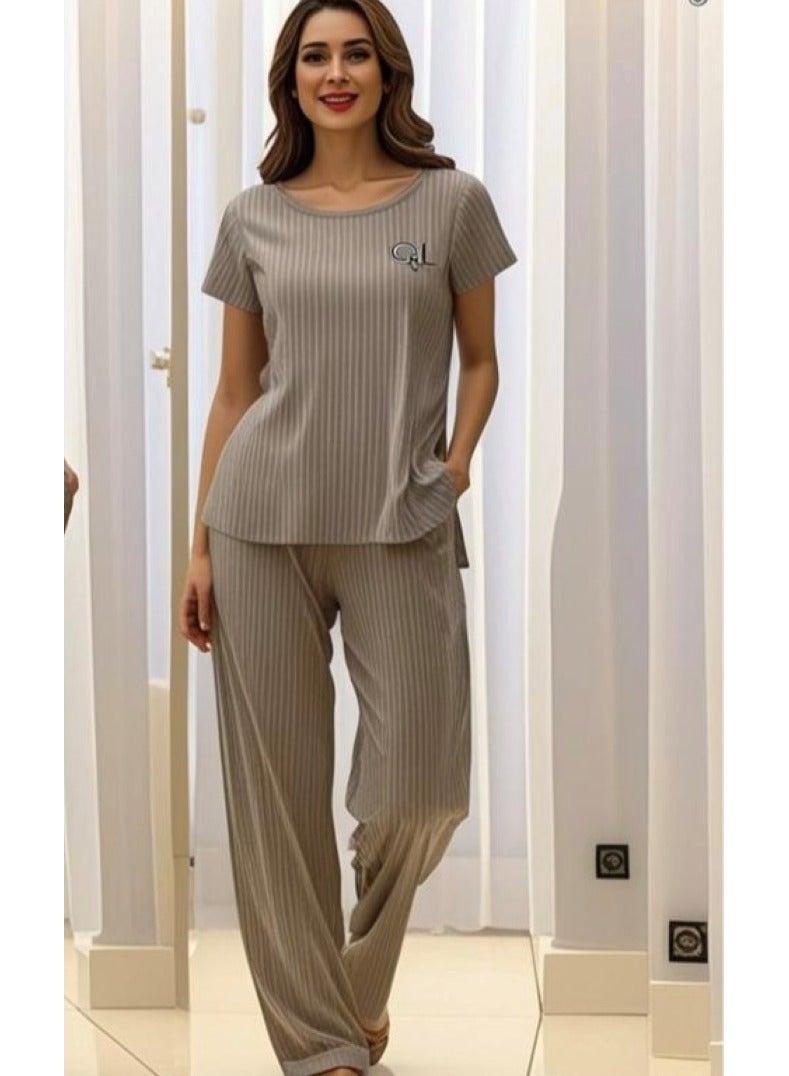 Women's 2 Piece Casual Outfits Lounge Sets Short Sleeve Pullover Tops , High Elastic Waist Wide Leg Pants Set  - Image 1
