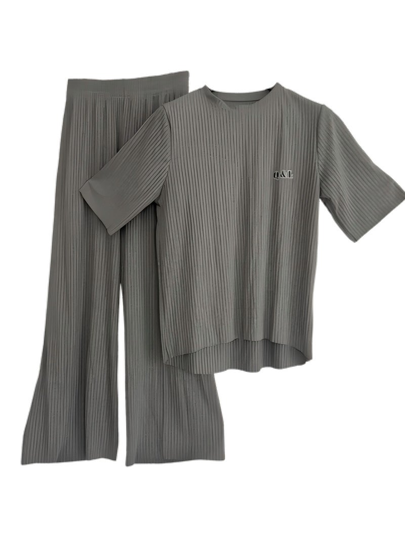 Women's 2 Piece Casual Outfits Lounge Sets Short Sleeve Pullover Tops , High Elastic Waist Wide Leg Pants Set  - Image 2