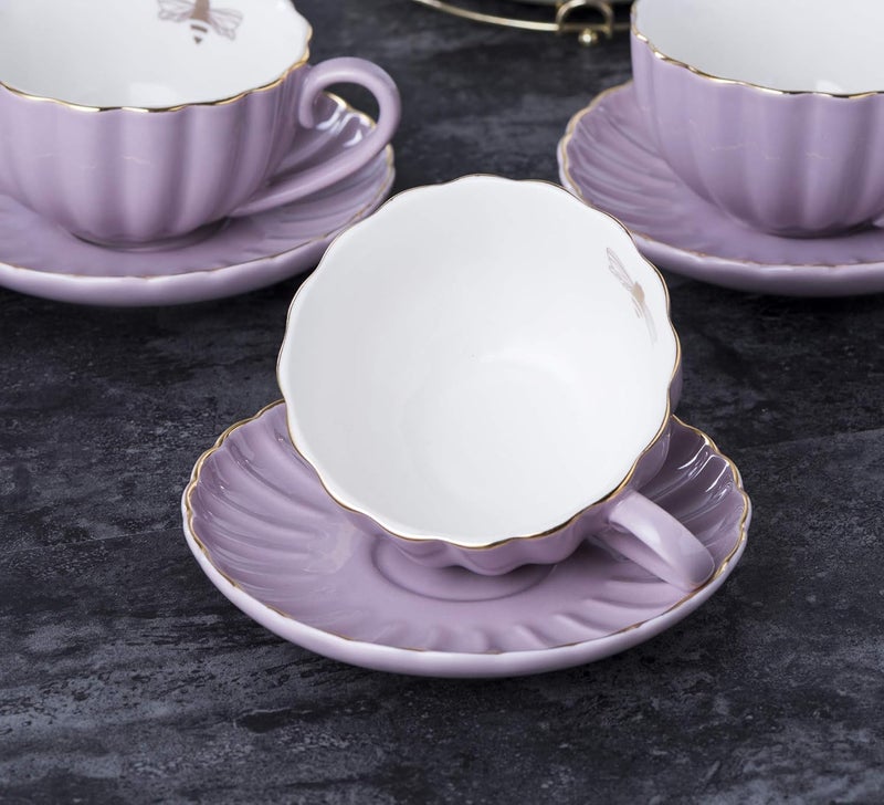 Jusalpha Fine China 8 OZ Purple Coffee CupTeacup Saucer Spoons Teapot and Creamer Set 17Pieces FDTW17PC Set Purple - Image 3