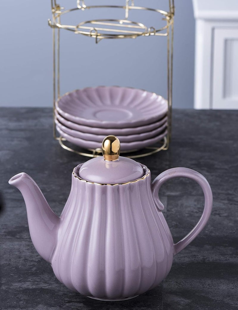 Jusalpha Fine China 8 OZ Purple Coffee CupTeacup Saucer Spoons Teapot and Creamer Set 17Pieces FDTW17PC Set Purple - Image 5