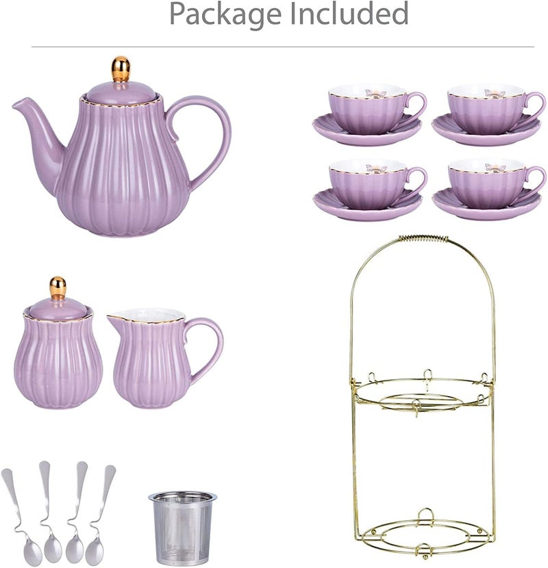 Jusalpha Fine China 8 OZ Purple Coffee CupTeacup Saucer Spoons Teapot and Creamer Set 17Pieces FDTW17PC Set Purple - Image 2