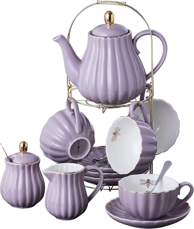 Jusalpha Fine China 8 OZ Purple Coffee CupTeacup Saucer Spoons Teapot and Creamer Set 17Pieces FDTW17PC Set Purple - Image 1