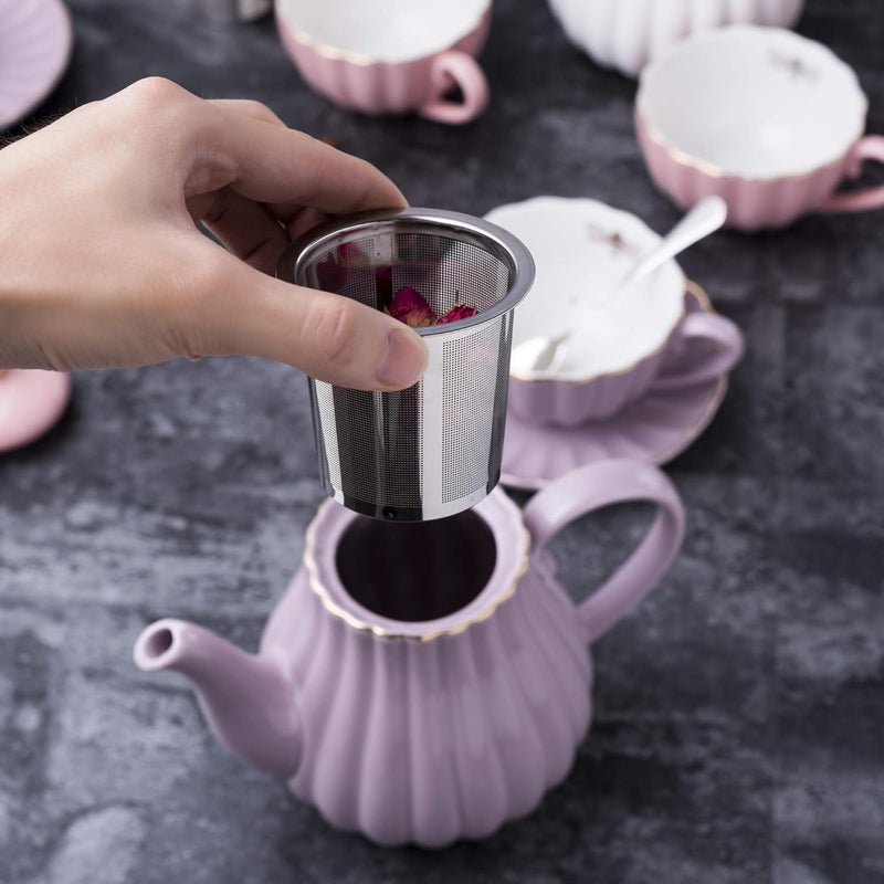 Jusalpha Fine China 8 OZ Purple Coffee CupTeacup Saucer Spoons Teapot and Creamer Set 17Pieces FDTW17PC Set Purple - Image 4