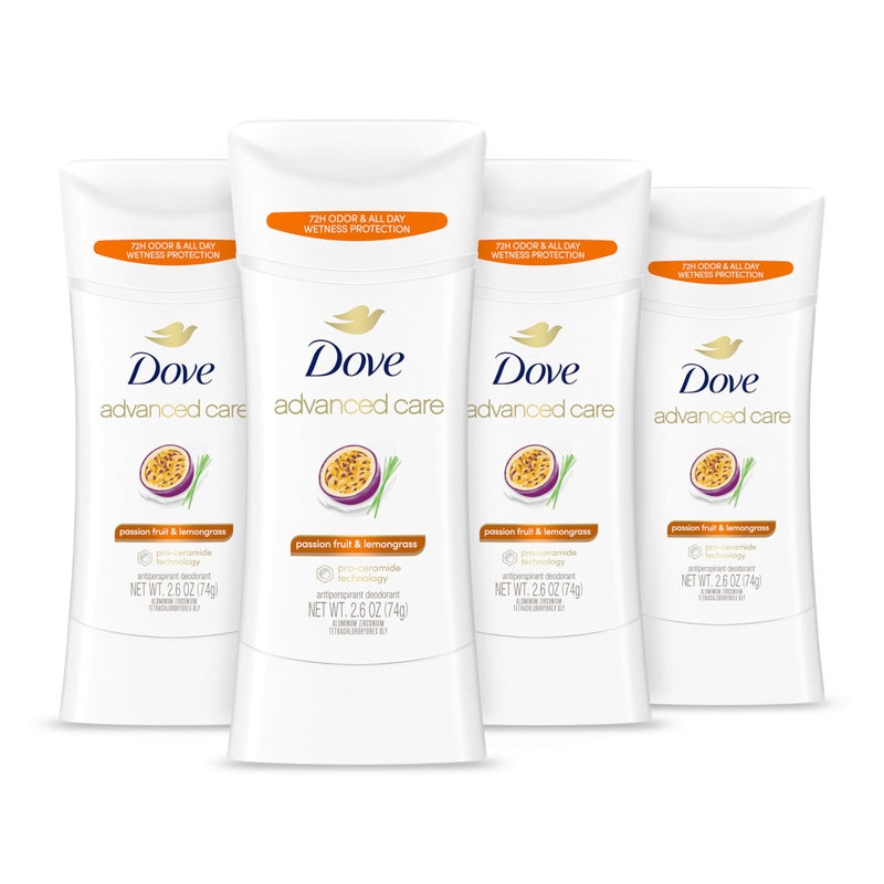 Dove دوف رعاية متقدمة مزيل العرق عصا برائحة فاكهة الباشن وعشب الليمون 4 قطع مزيل العرق بتقنية برو سيراميد تحكم في الرائحة لمدة 72 ساعة وحماية من العرق طوال اليوم 2.6 أونصة - Image 1