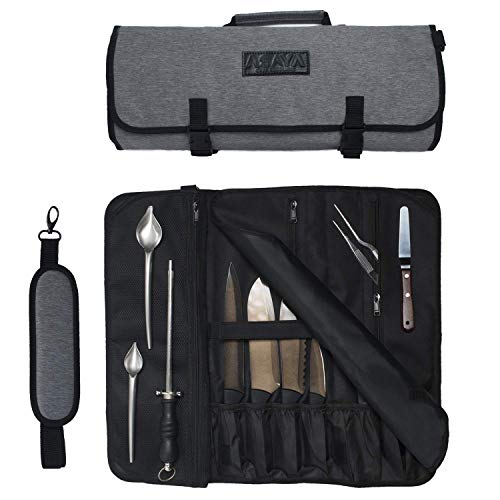 Asaya Chef Knife Roll Bag - 20 Total Pockets for Knives and Kitchen Utensils - Made with Stain Resistant Waxed Nylon - For Chefs and Culinary Students - Knives Not Included(Grey) - Image 1