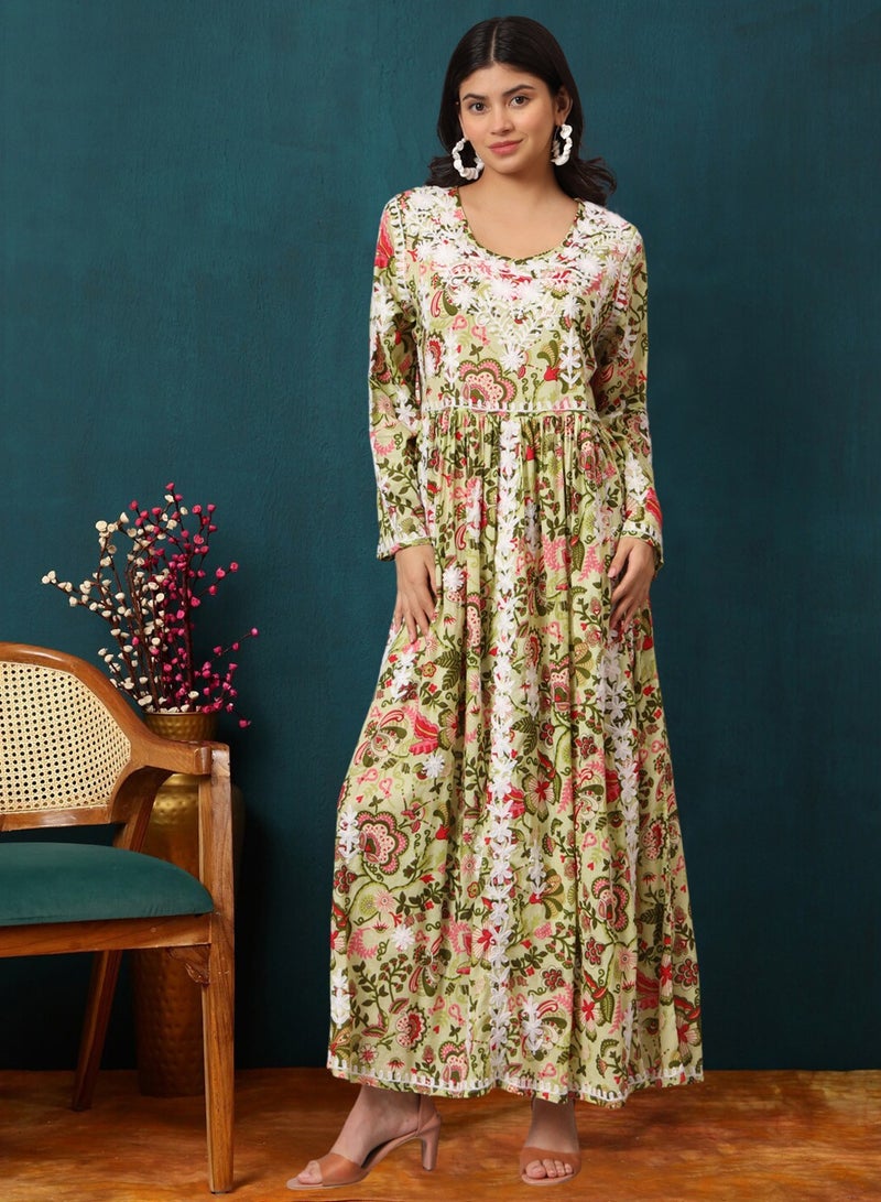 الايا جلابية مطبوعة بالقطن الململ مطرزة يدويًا بلوكناوي شيكانكاري - Image 1