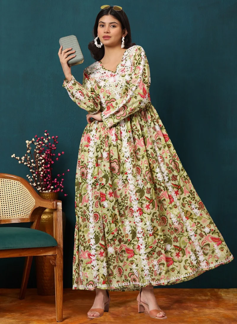 Alaya Hand Embroidered Lucknowi Chikankari  Printed Mulmul Cotton Jalabiya-AL3936