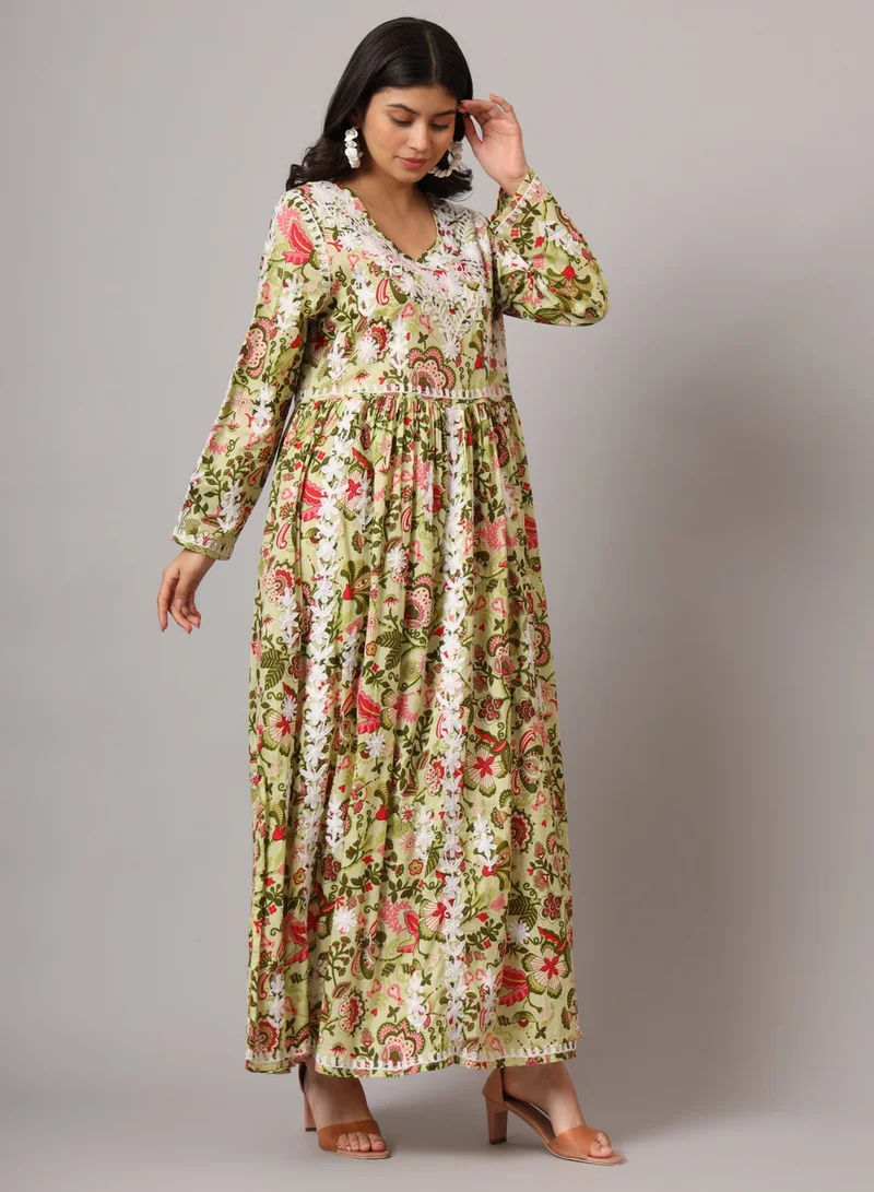 Alaya Hand Embroidered Lucknowi Chikankari  Printed Mulmul Cotton Jalabiya-AL3936