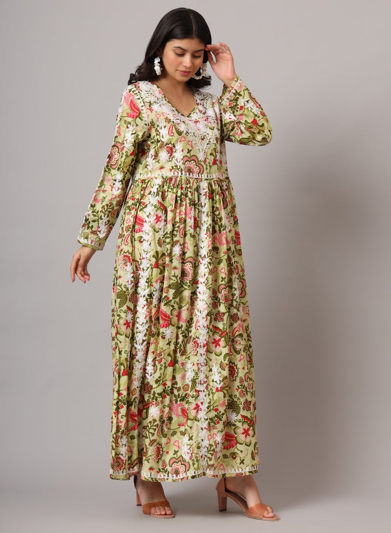 الايا جلابية مطبوعة بالقطن الململ مطرزة يدويًا بلوكناوي شيكانكاري - Image 4