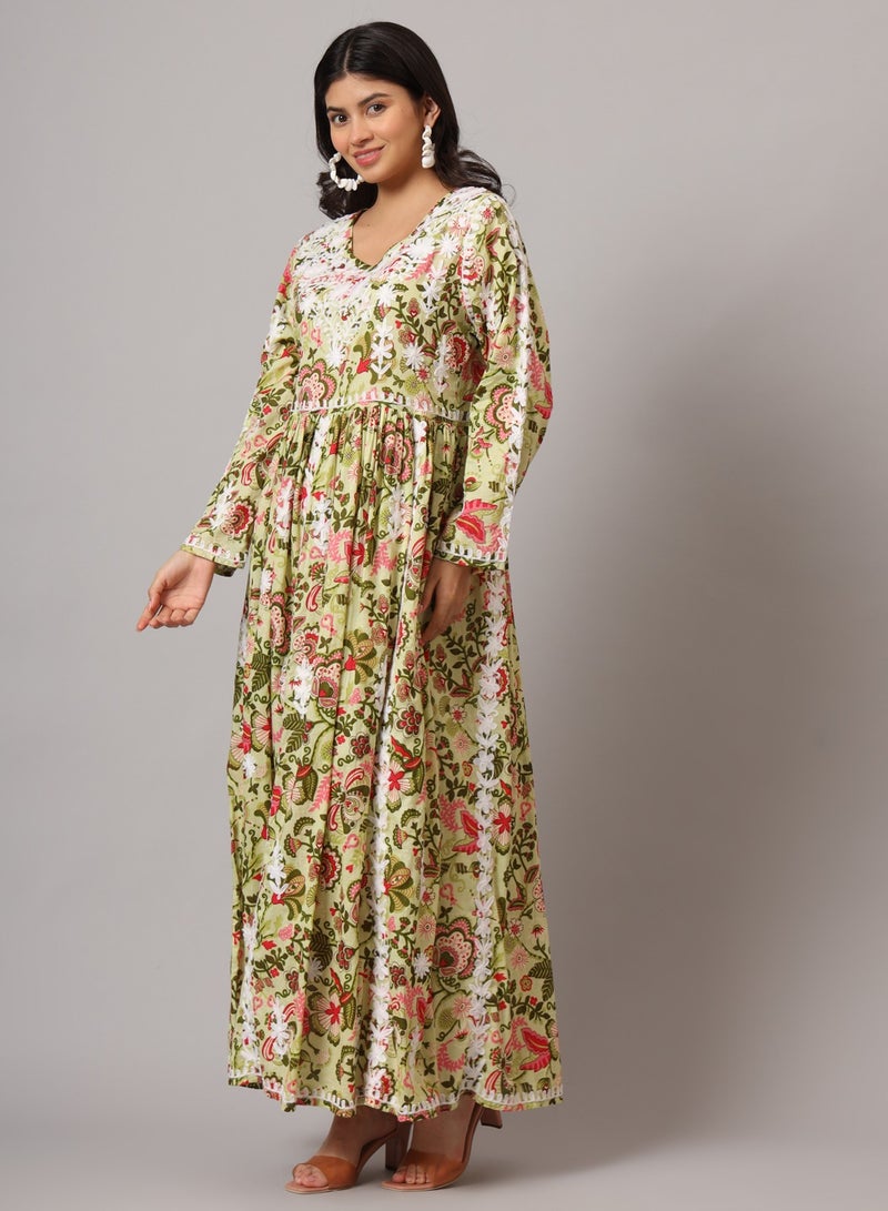 الايا جلابية مطبوعة بالقطن الململ مطرزة يدويًا بلوكناوي شيكانكاري - Image 3