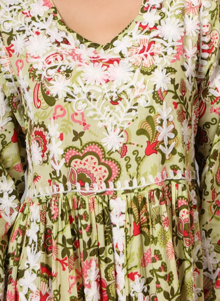 Alaya Hand Embroidered Lucknowi Chikankari  Printed Mulmul Cotton Jalabiya-AL3936