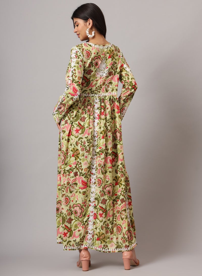 الايا جلابية مطبوعة بالقطن الململ مطرزة يدويًا بلوكناوي شيكانكاري - Image 2