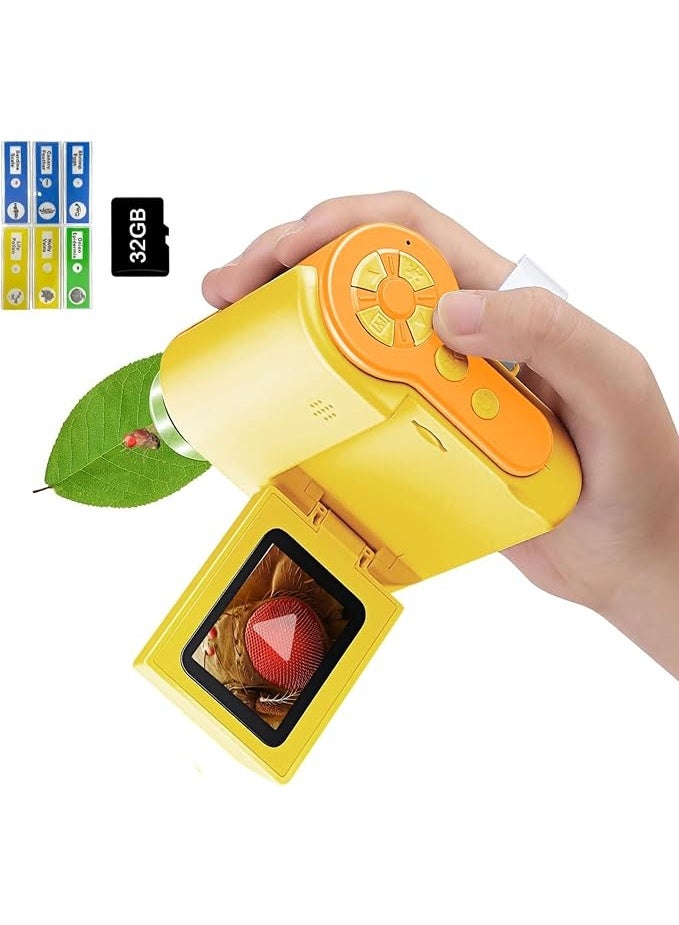 مجهر جيب للأطفال، شاشة LCD 2 بوصة، كاميرا مجهر رقمية، 32 جيجا، مجهر محمول باليد 100x-1000x، مع 6 مصابيح LED، مناسب كهدية عيد ميلاد للأولاد والبنات من سن 6 إلى 12 عامًا (أصفر). - Image 1